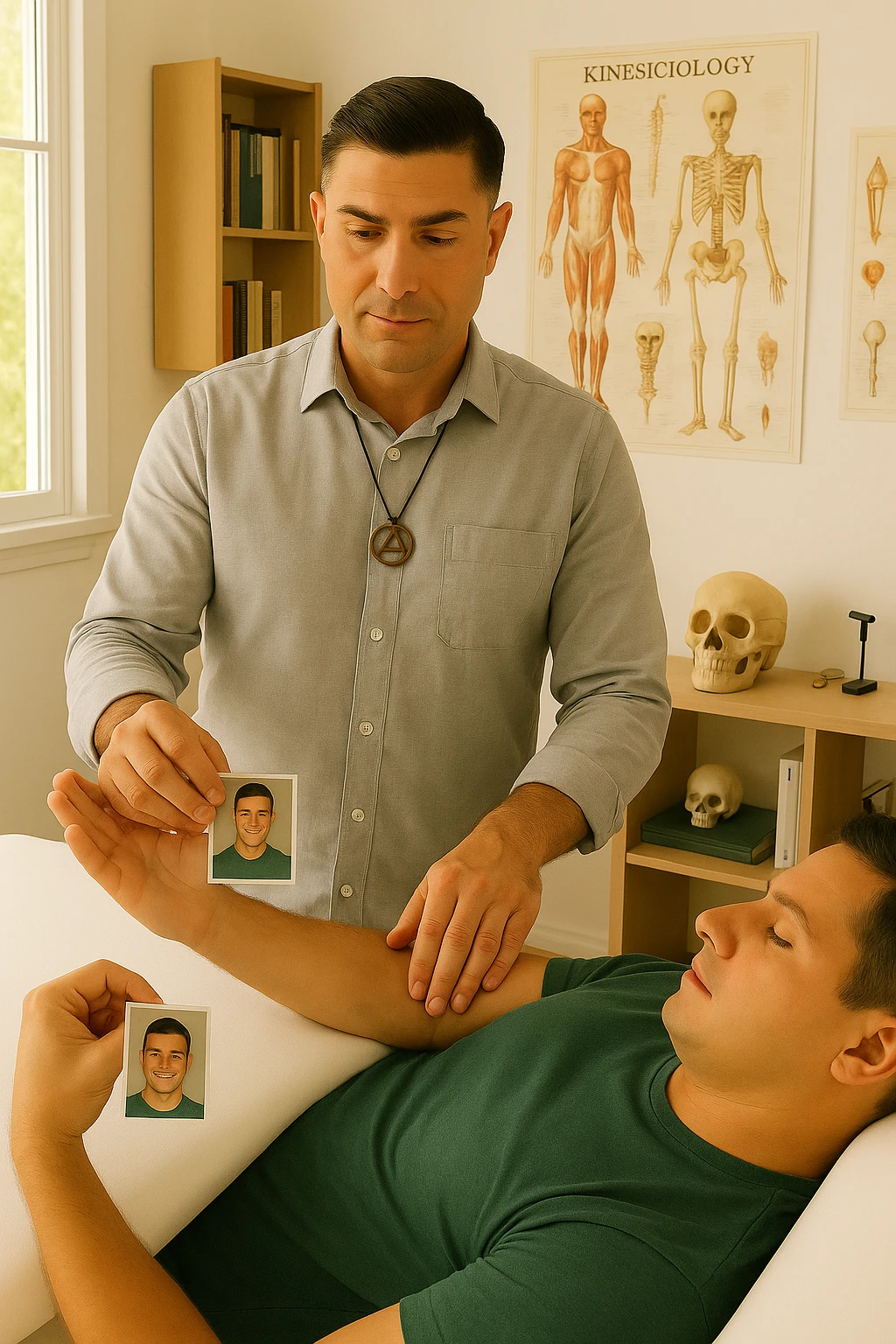 a middle-aged man, dressed in casual professional attire, is in a bright, organized therapy studio. Durante una visita di kinesiologia, il ragazzo tiene con una mano la foto di una persona lontana (il “testimone”) tiene la foto in mano, mentre con l’altra mano esegue un test muscolare su un cliente presente senza foto lui non tiene la foto. Sullo sfondo si vedono libri di kinesiologia, poster anatomici e strumenti tipici della disciplina. L’atmosfera è concentrata e serena, con luce naturale che entra dalla finestra, sottolineando l’aspetto alternativo e umano della pratica. emoji