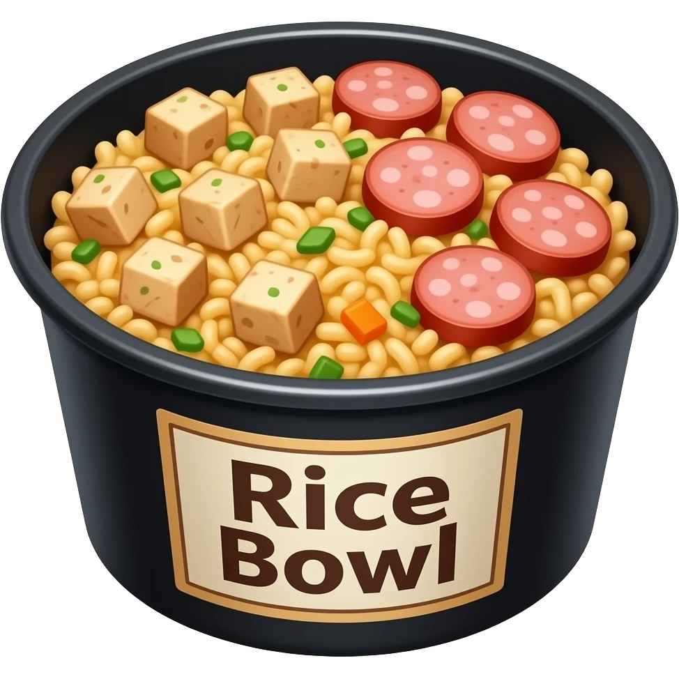 Rice bowl in a round plastic black box. It has fried rice topped with chicken cubes,sausage slices, has named Rice Bowl on its box emoji