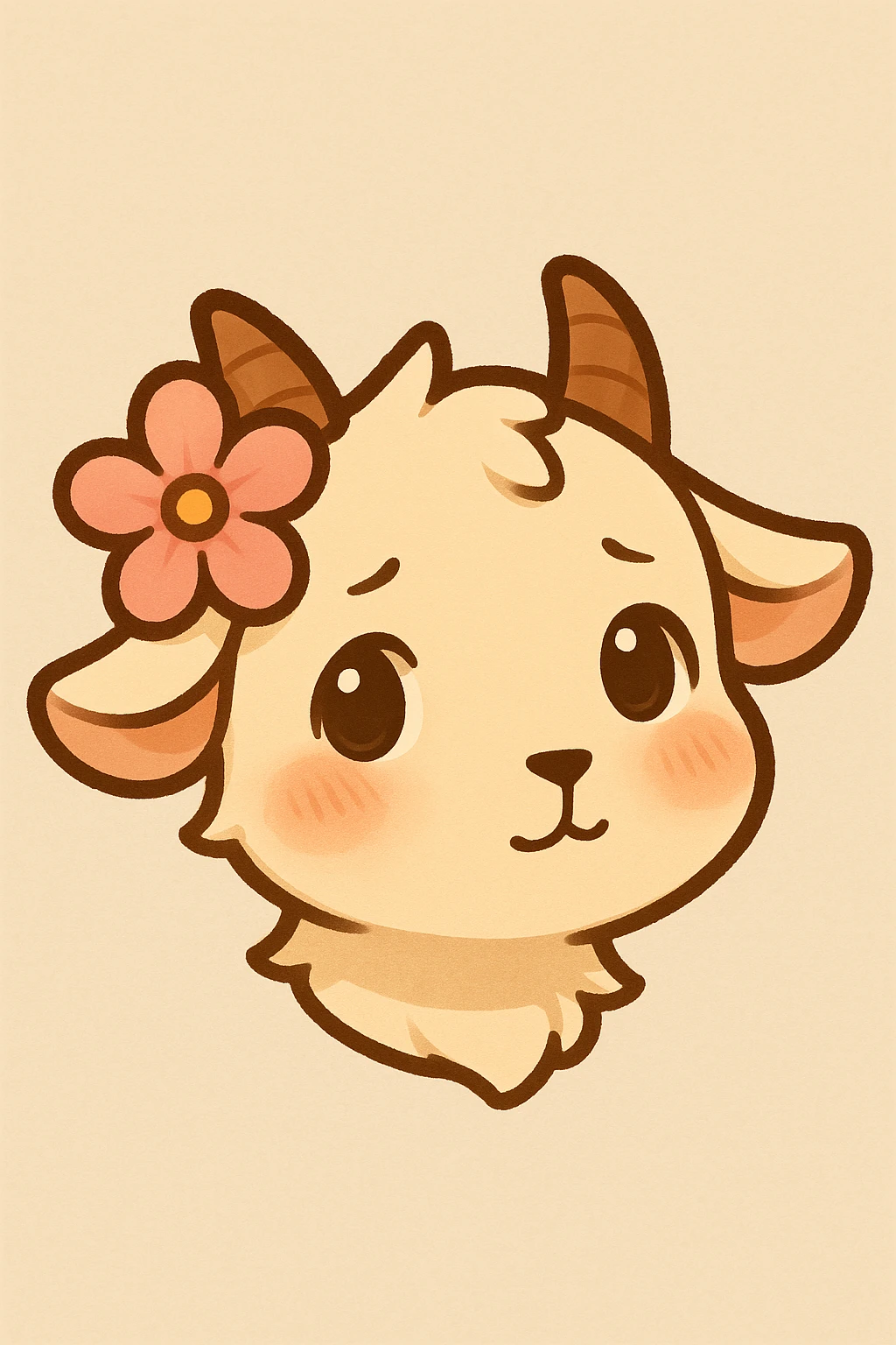 Crop to just the head of the chibi goat with the pink flower by the horn, looking up shyly at the viewer with a slight blush, designed for a small emote with a simple background. emoji