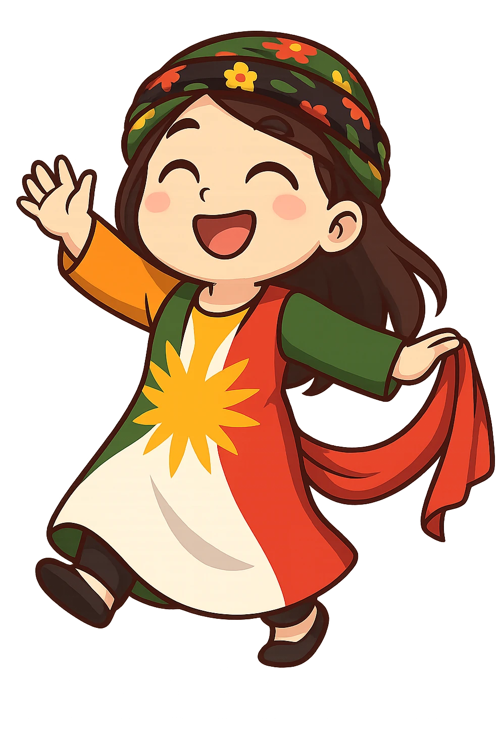 Create a colorful and cheerful Kurdish cartoon sticker in chibi style. Show the traditional Kurdish clothing and a dancing pose. The background should be transparent. Suitable for WhatsApp and Instagram. emoji