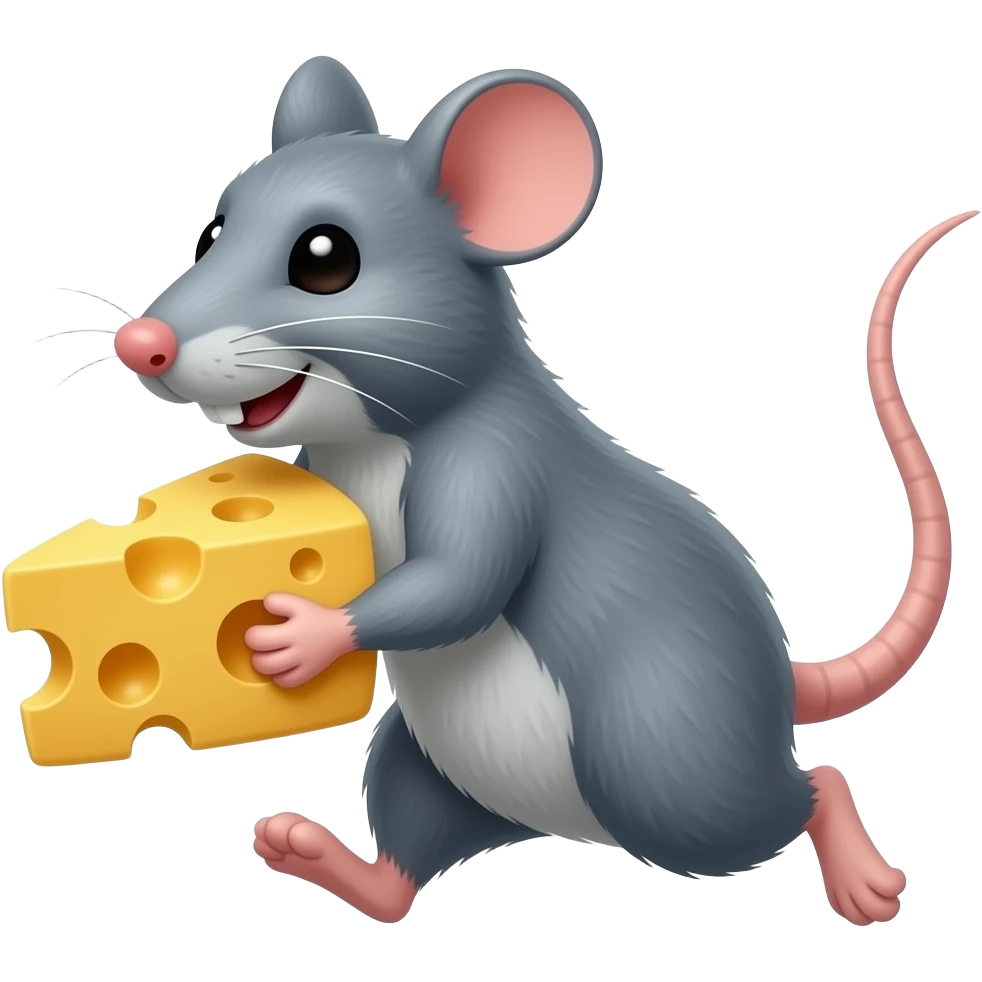 The cartoon grey rat runs on fours carring chees emoji