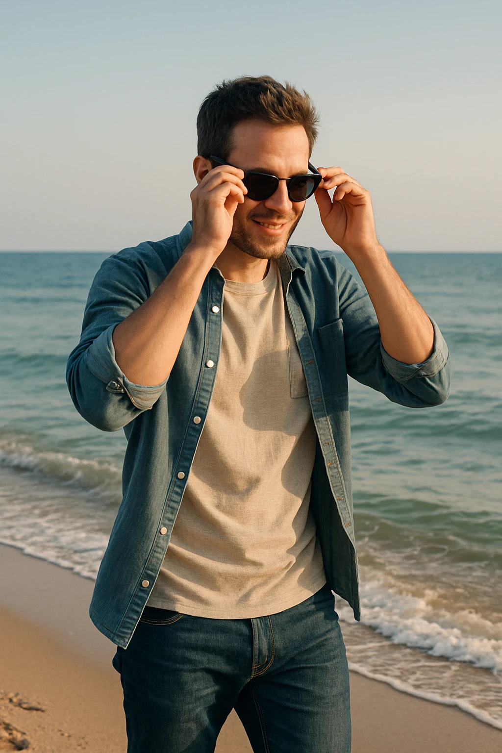 uomo passeggia a mare e si mette gli occhiali da sole emoji