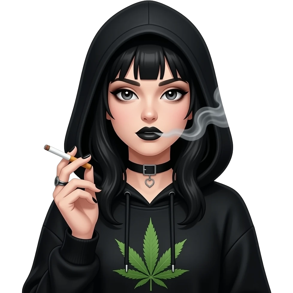 Dark haired gothic woman smoking a weed cigarette, wearing black hoodiess with a Marijuana leaf on each hoodie. Smoke coming from the cigarettes around her in the air. emoji