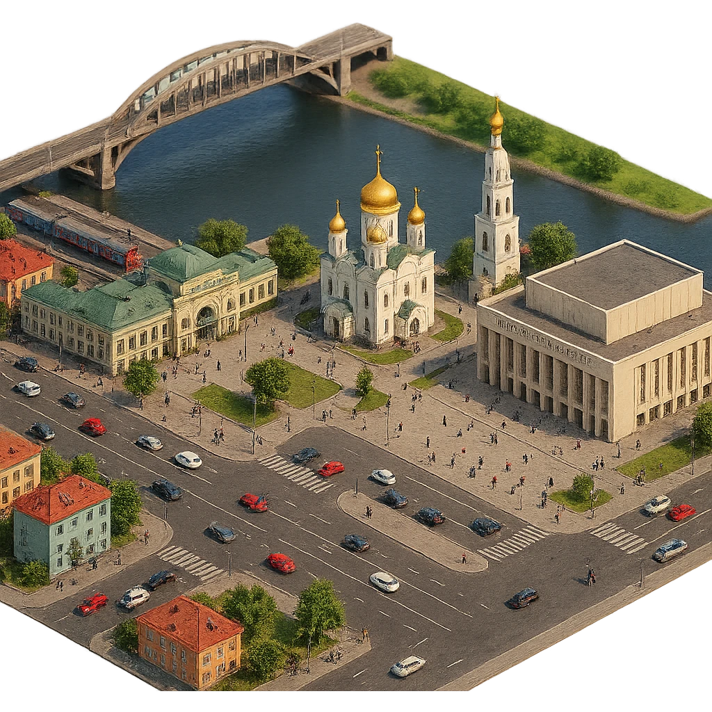 Изометричная чёткая миниатюрная фотореалистичная 3D модель панорамы Красноярска — Стрелка с мостом, Благовещенская церковь, Красноярск-пассажирский, фотореалистичный Красноярский театр оперы и балета, дома, люди, автотранспорт. Вид сверху в изометрии, яркие цвета, прозрачный фон, компактная композиция. emoji