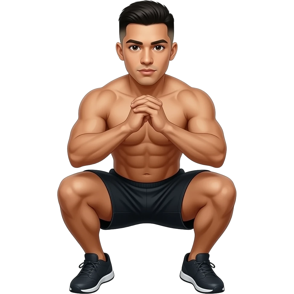 hyper-realistic Latino fitness model with short buzz cut fade Shirtless squatting emoji