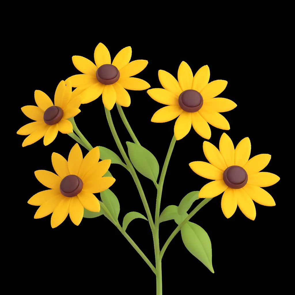 yellow rudbeckia flower with brown center and green stem in 3D iOS style on white background emoji