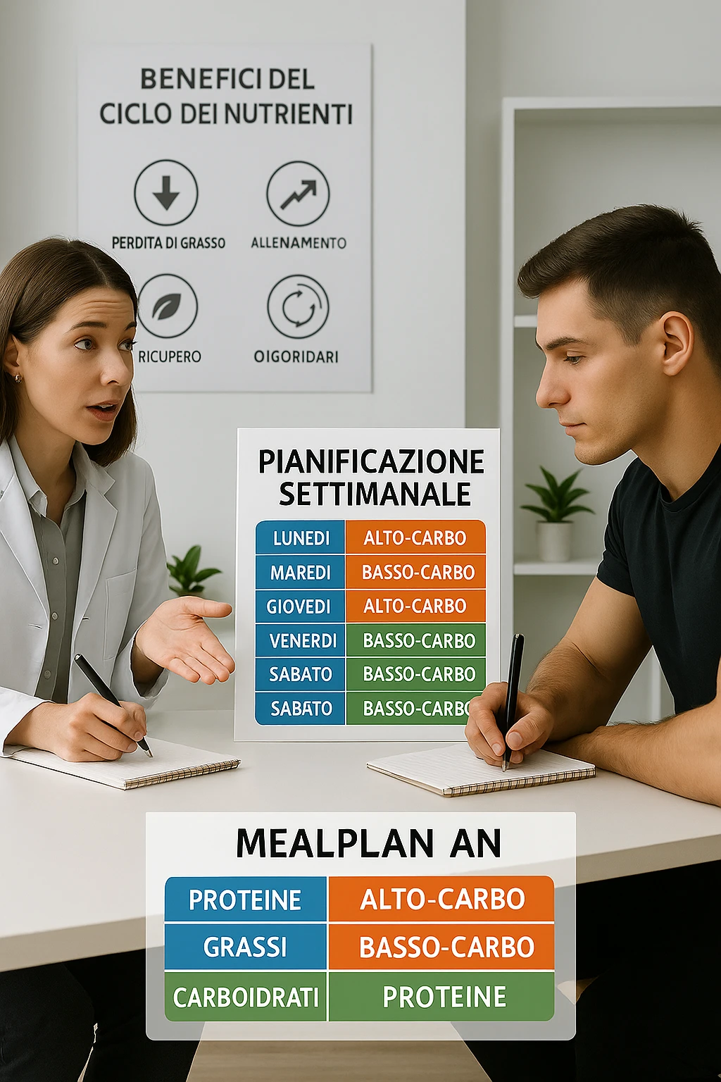 a nutritionist explains to an athlete how to cycle macronutrients for fat loss and training. On the desk, a weekly meal planner shows alternating high-carb and low-carb days, with color-coded sections for proteine, grassi, and carbo. The athlete takes notes, and a chart in the background illustrates the benefits of nutrient cycling. The mood is professional and educational. scritto in italiano emoji