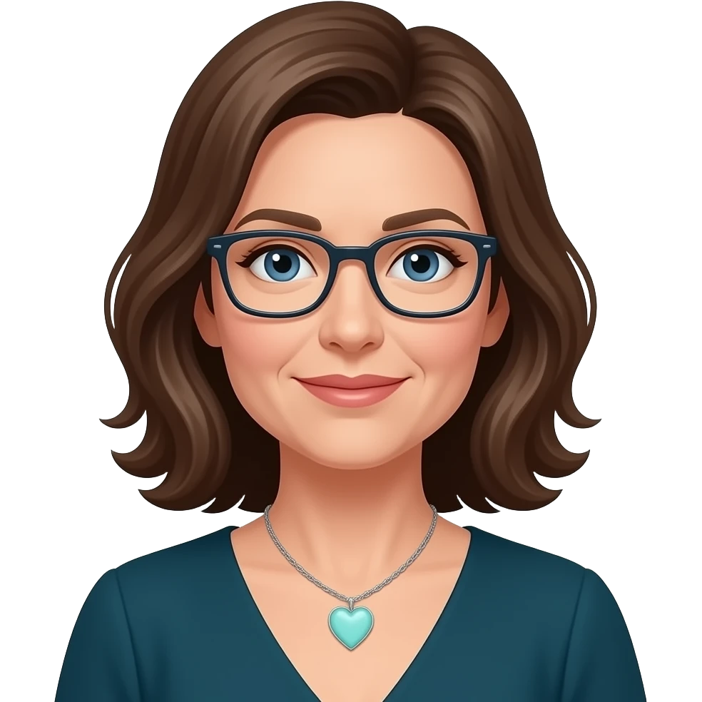 AJM - woman, blue eyes, mid 40's age, mid brown hair, rectangular glasses, shoulder length wavy hair, tiffany heart necklace, dark teal dress, emoji