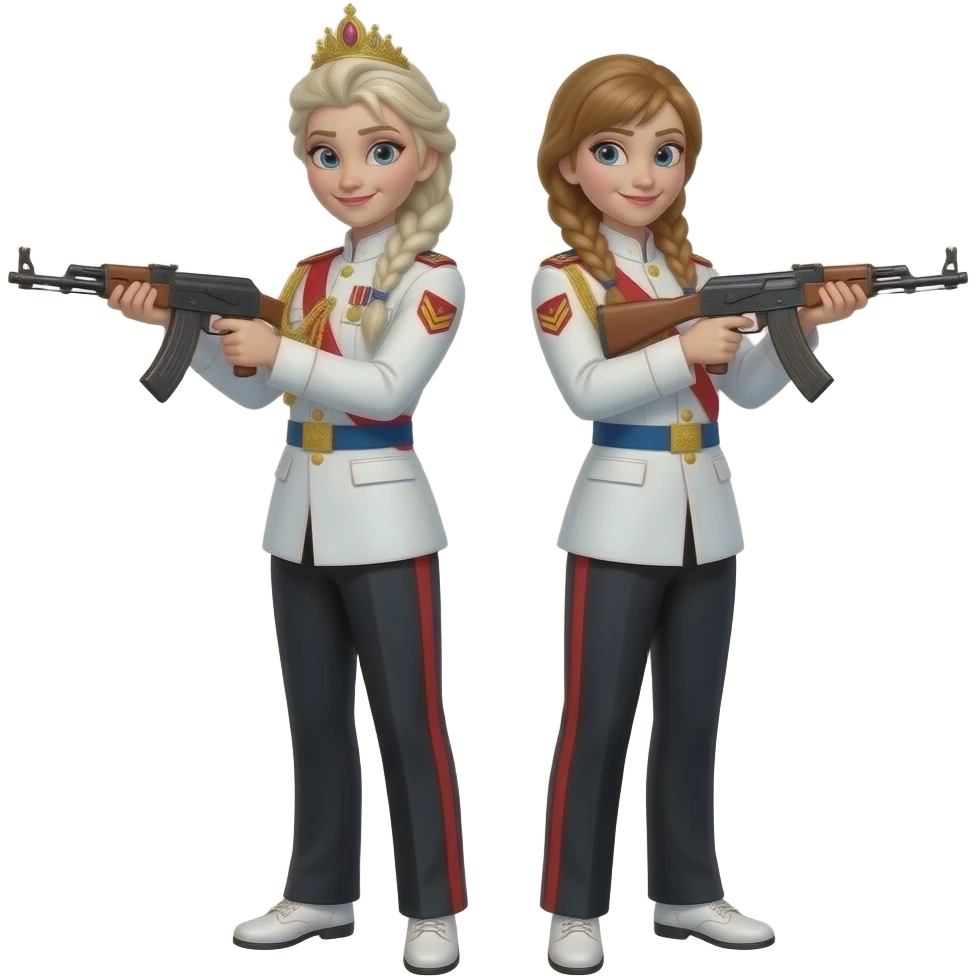 Elsa arendelle and Anna arendelle from disney frozen movie are same wearing gold tiara white military tunic arm badge shoulder cord medal red sash blue belt black trouser with both side red stripe white shoes and they both will shoot with assault rifle to you emoji