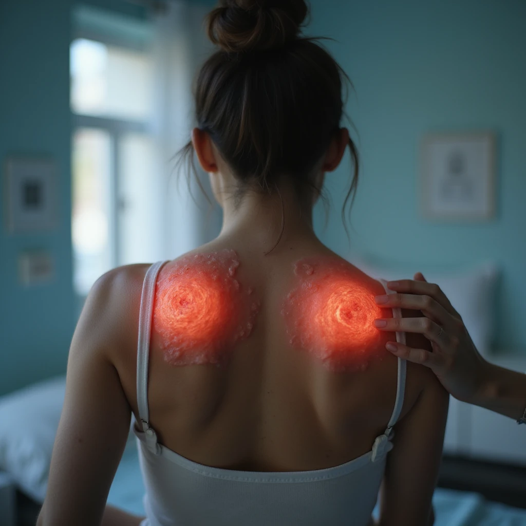hyperrealistic 4K image of a woman seen from behind with inflamed shoulder blades, red and swollen skin between the shoulder blades, medical environment, variant 6 with slightly changed hand position emoji