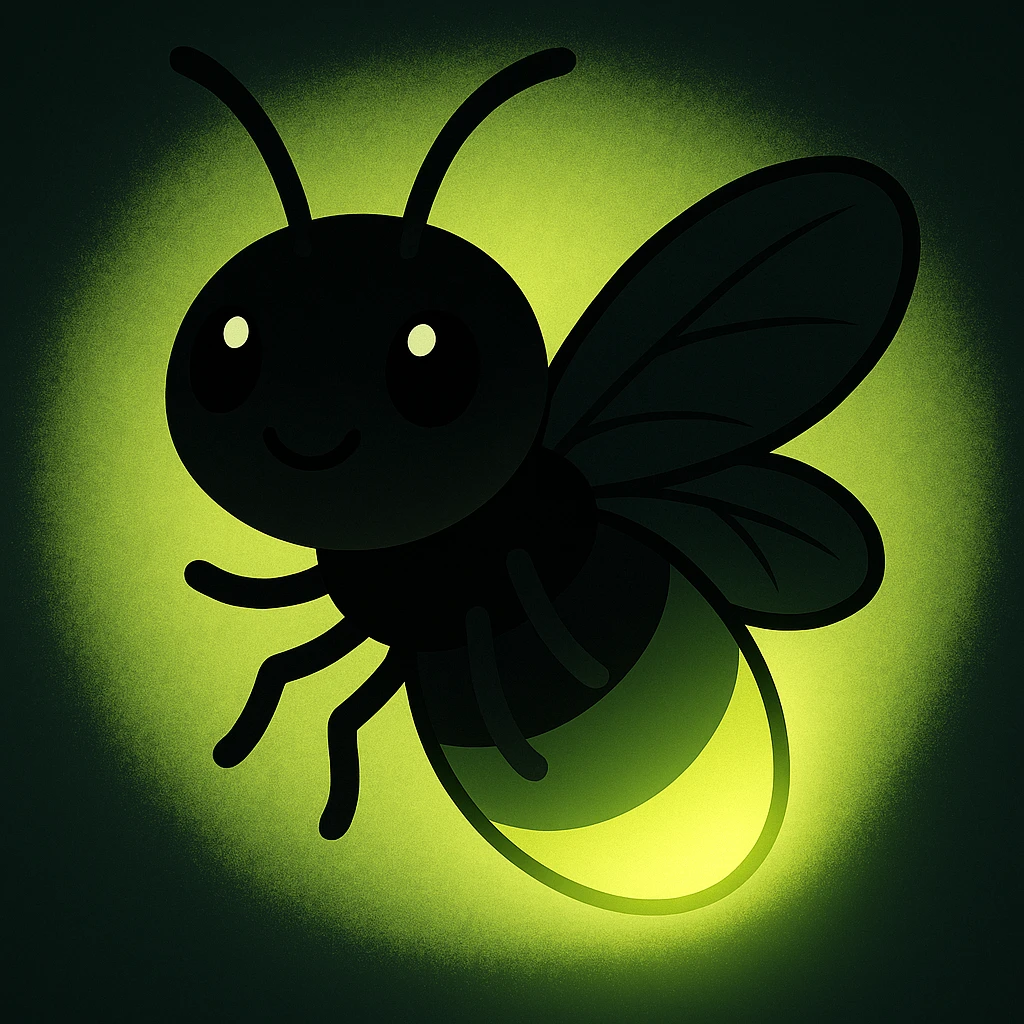 Edit the image to make the glowing light a bright light green and make the bug's body more black, while keeping the cute cartoon style intact. emoji