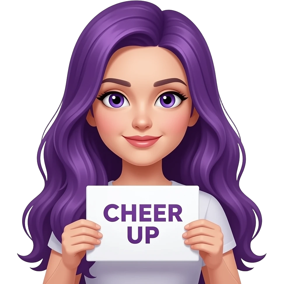sexy girl with long purple hair and purple eyes holding CHEER UP sign emoji