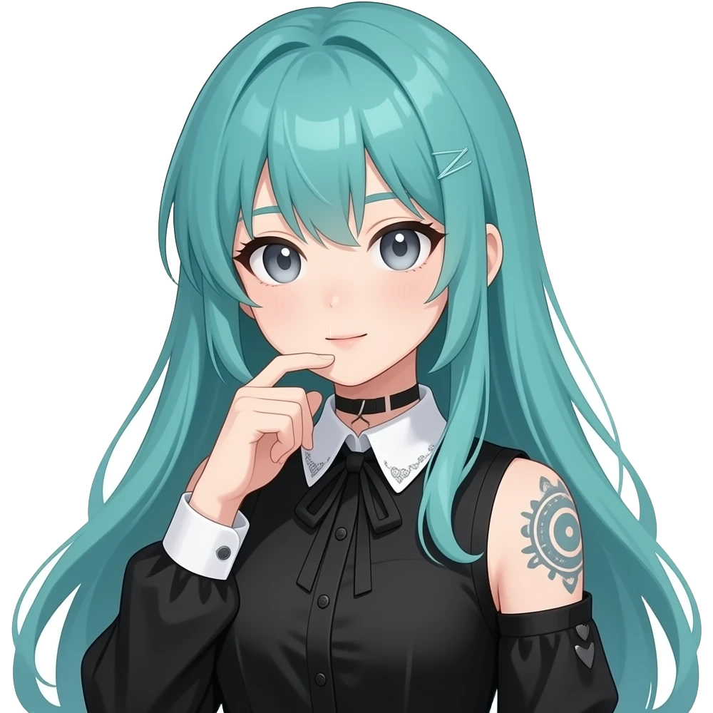 anime girl, thinking, face tattoos, long flowing teal hair, grey eyes, black shoulder cyberpunk blouse with fancy white collar emoji