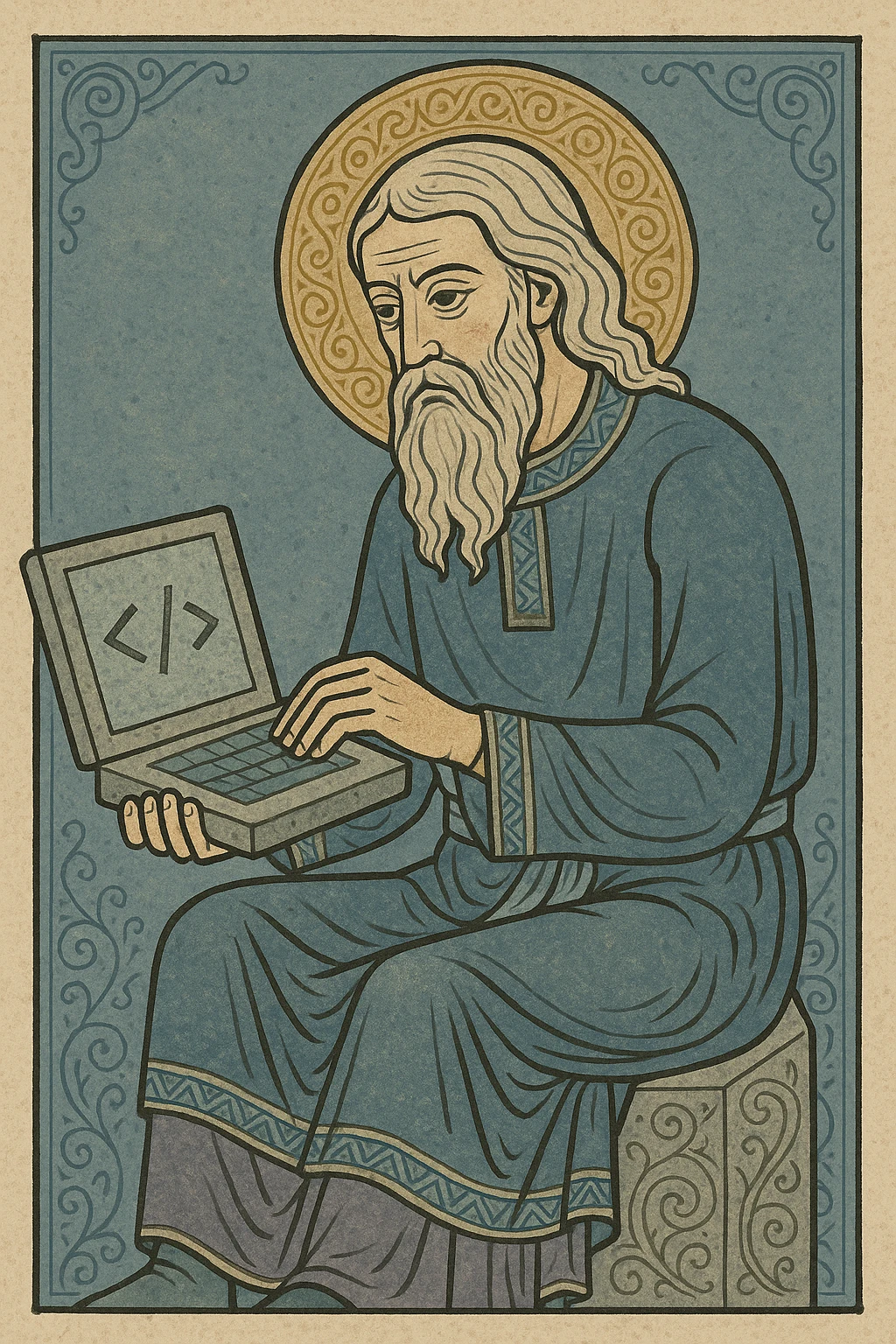 Old Slavic man programming on a stone laptop, with a beard and traditional attire, painterly historical style emoji