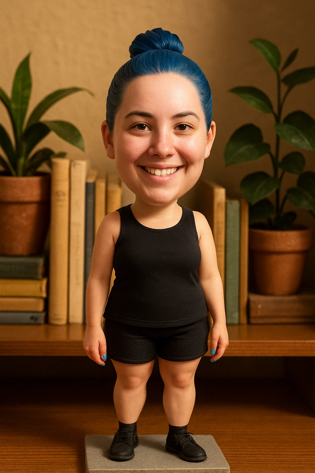 Woman with dark blue hair and blue fingernails standing on a sidewalk emoji