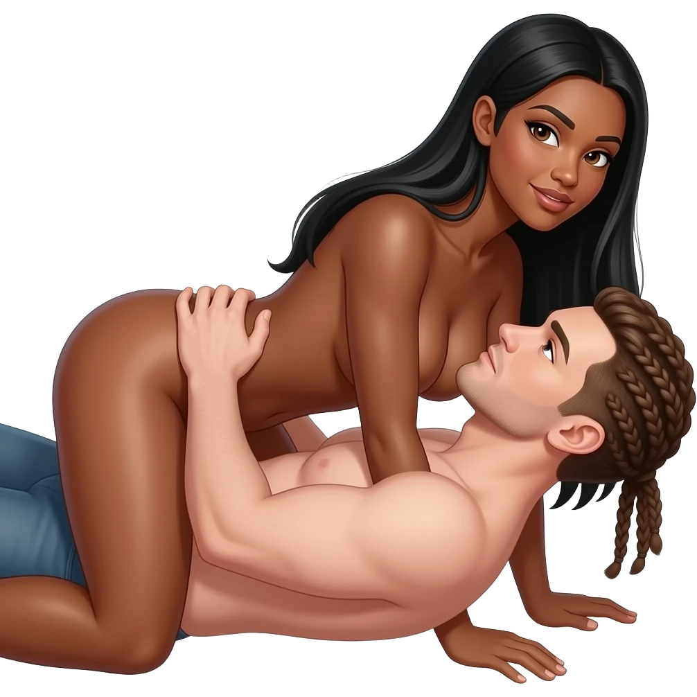 Lightskin black woman with brown eyes & long black straight hair wearing nothing nude bent over having sex with a skinny white man with braids wearing nothing emoji