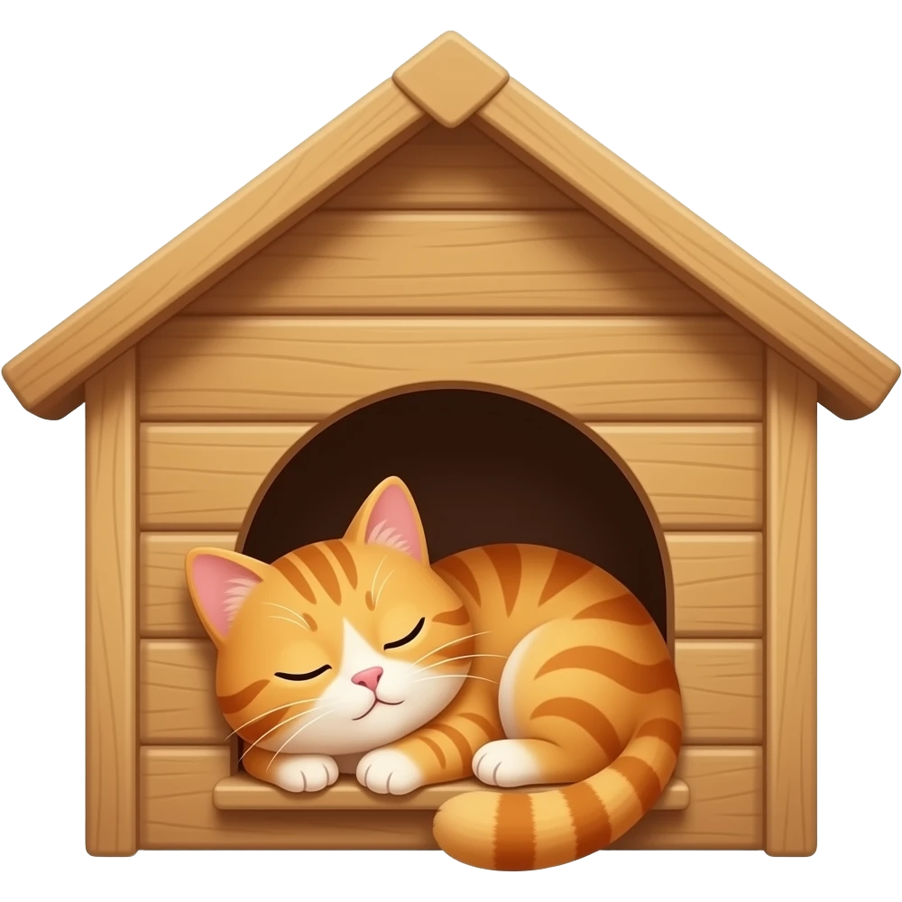 A fluffy orange tabby cat is peacefully dozing inside a small wooden outdoor cat house, with just its head poking out of the entry hole, eyes closed in contentment. emoji