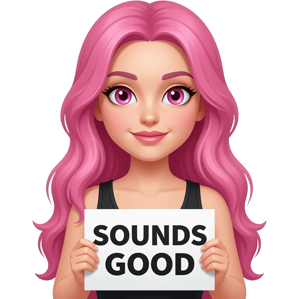 sexy girl with long pink hair and pink eyes wearing a holding a SOUNDS GOOD sign emoji