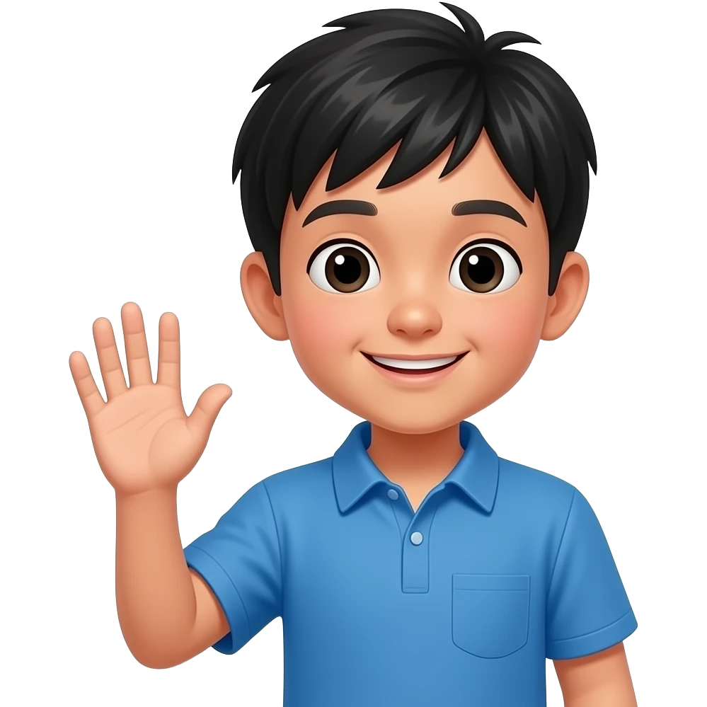 fair skinned asian boy with blue shirt and black hair waves hand gesturing good bye emoji