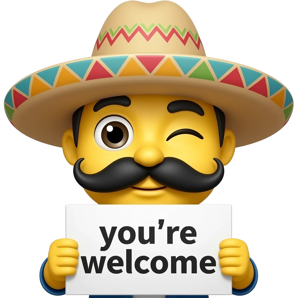 Create a standard yellow emoji with a sombrero hat and a large moustache carrying a sign that says you’re welcome. The emoji is winking. emoji