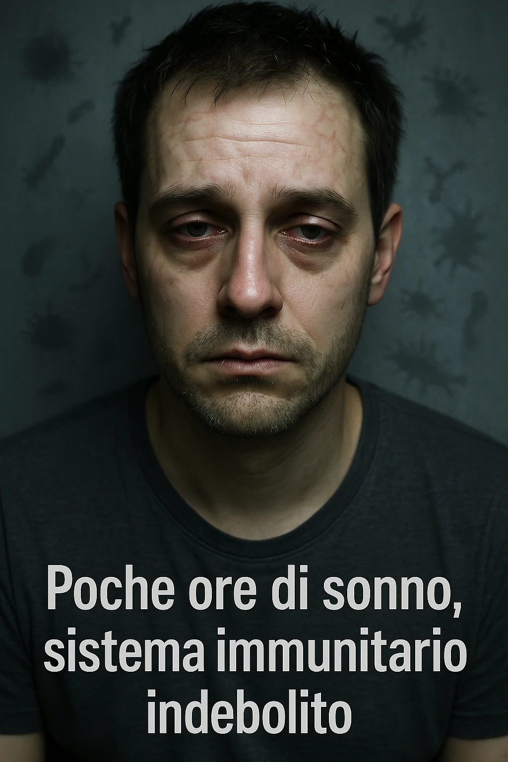 vertical realistic cinematic image of a man who sleeps few hours, with an already weak immune system that weakens further, visual elements of low immune defenses, clinical dramatic lighting, Italian captions, aspect ratio 2:3 emoji