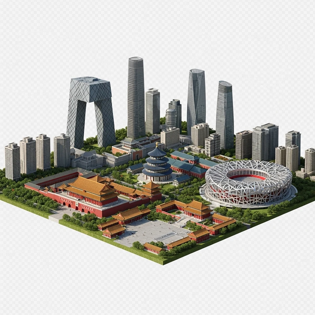 Isometric miniature of Beijing Forbidden City, Tiananmen Square, CCTV Headquarters, Temple of Heaven, China Zun skyscraper, Bird’s Nest Stadium, Beijing apartment blocks, 3D miniature effect and Tilt Shift effect, no cartoonish look, transparent background, don't cut angles emoji
