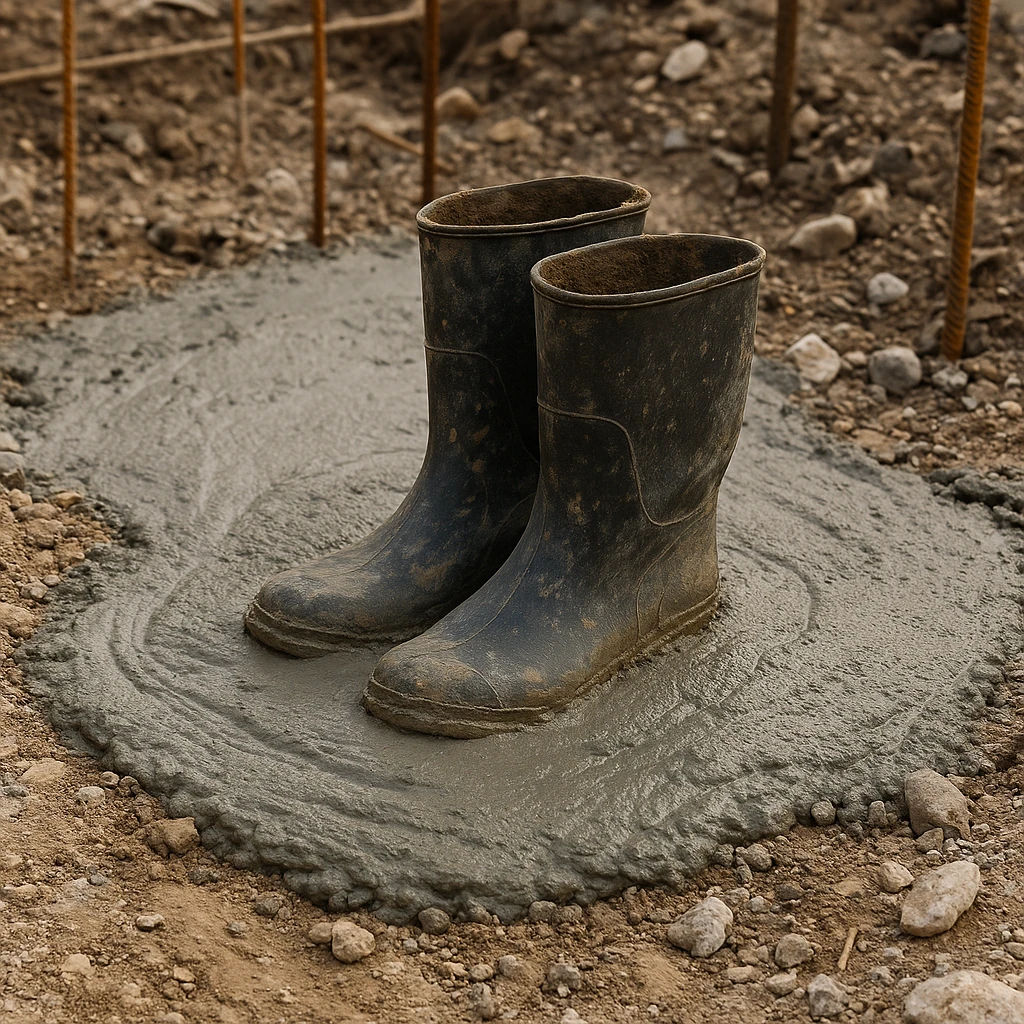 На строительной площадке видно застывший влажный бетон. В центре — пара старых резиновых сапог, частично утонувших и застывших в цементе, будто кто-то случайно оставил их там emoji