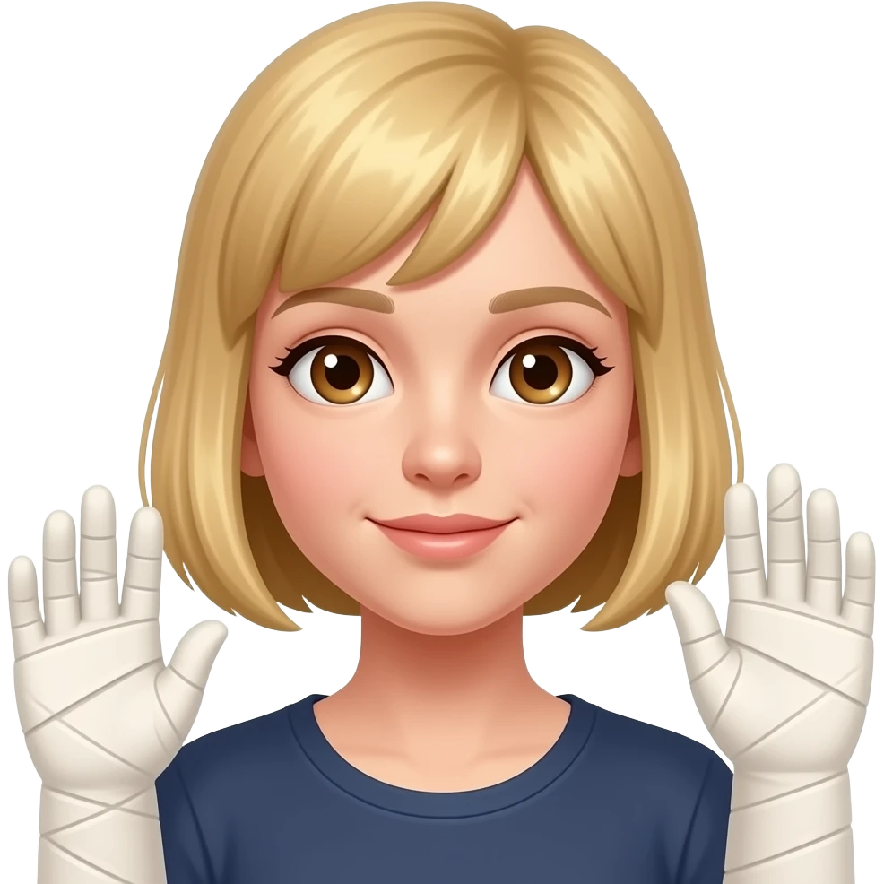 a blond teenage girl with bob haircut and brown eyes with a gypsum on her hand emoji