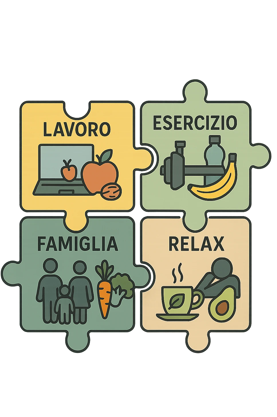 Puzzle (Lavoro, Esercizio, Famiglia, Relax), in lavoro metti icona di un PC, in Esercizio un Manubrio, in Famiglia una famiglia, in Relax qualcuno che riposa and healthy foods are integrated into each piece. in italiano emoji