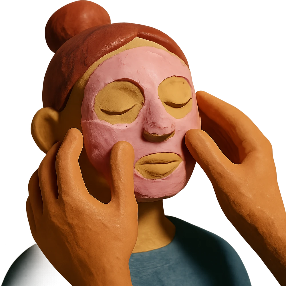hands applying a clay mask to a face, claymation style emoji