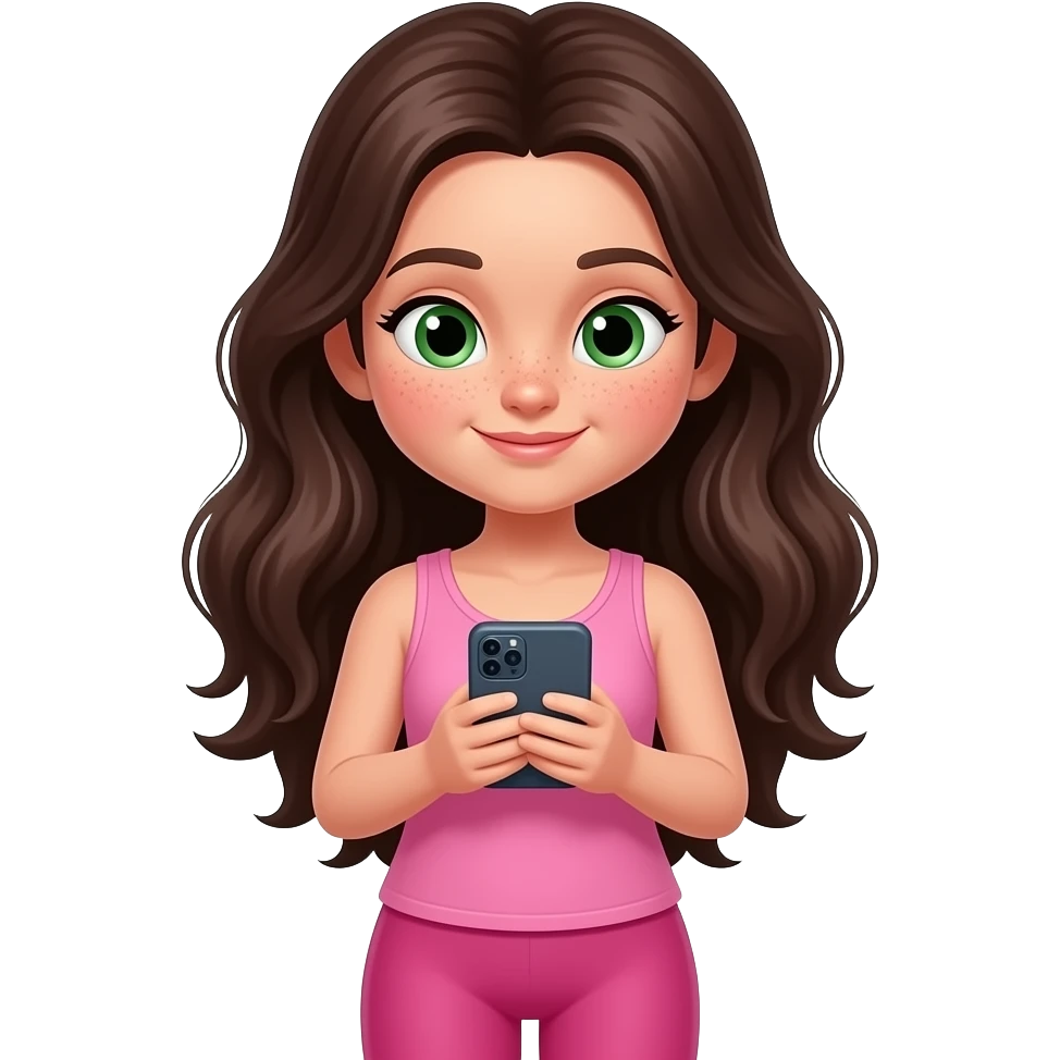 young girl in the style of iphone emoji people, fair skin, green eyes, freckles,long dark brown wavy hair, pink tank top and pink leggings, looking at the phone, looking down emoji