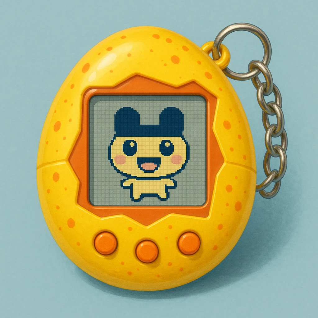 Tamagotchi virtual pet device, egg shaped, three buttons, Mametchi character on the screen, attached keychain, playful and nostalgic style emoji
