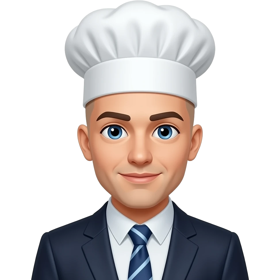 totally bald person with blue eyes and a suit and tie with a chef hat emoji