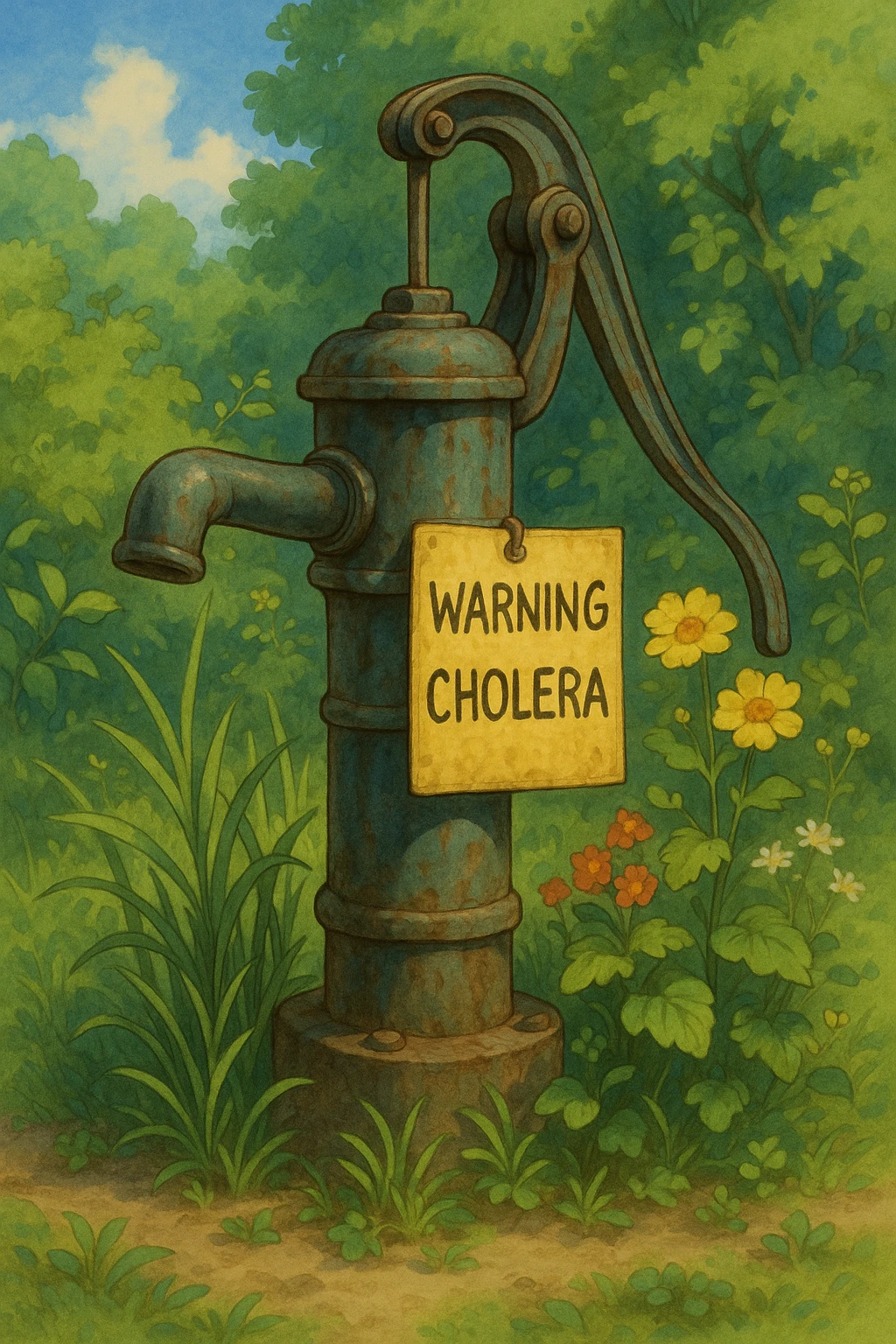 a Ghibli-style water pump with a warning sign about cholera emoji