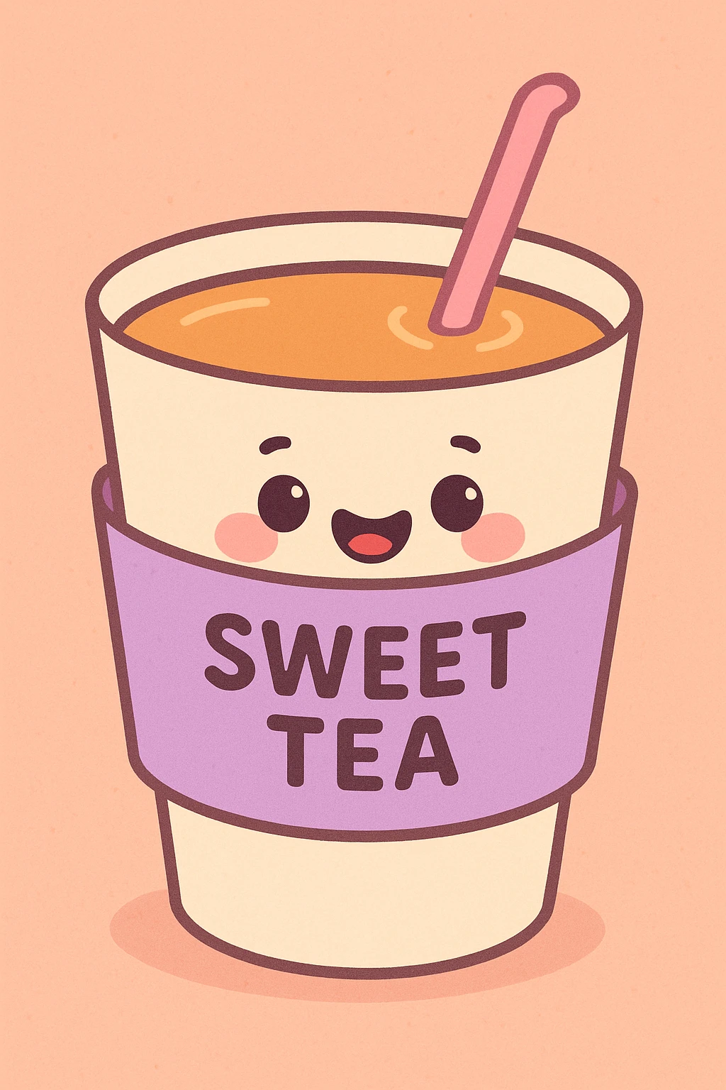 sweet tea cup with a lavender colored sleeve and a pink straw, pastel colors, soft shading emoji