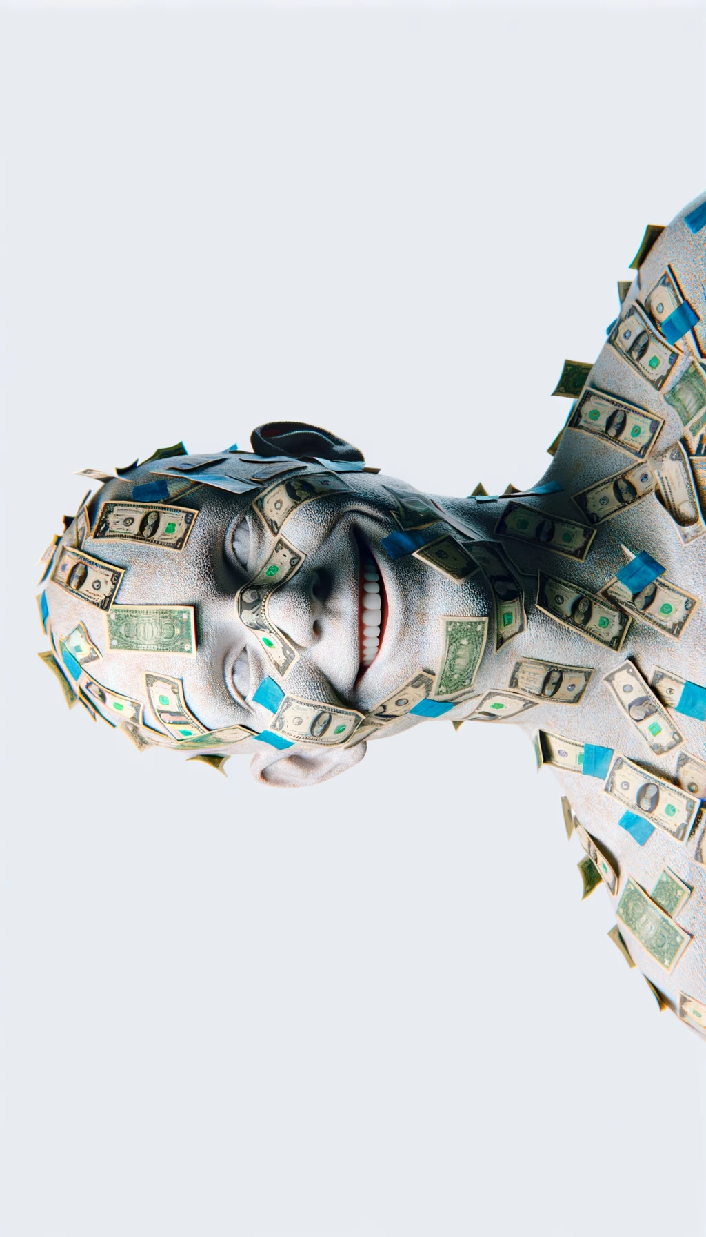 corpo umano anatomico sereno e felice con banconote sparse appiccicate sul corpo, espressione stupita, iperrealistica 4k, isolato su sfondo bianco emoji