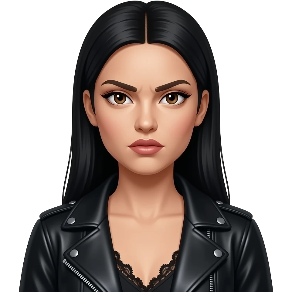 Beyaz tenli yani ten rengi çok açık olsunsiyah uzun düz  saçlı hafif çekik gözlü kahverengi gözlü uzun kirpikli ince seyrek kaşlı üzerinde siyah dantelli kıyafet var üstünde deri ceket dudakları kalın büyük ve düz olsun soğuk tonlarda makyaj olsun yüzünde pürüzsüz bir cildi olsun kızgın baksın emoji
