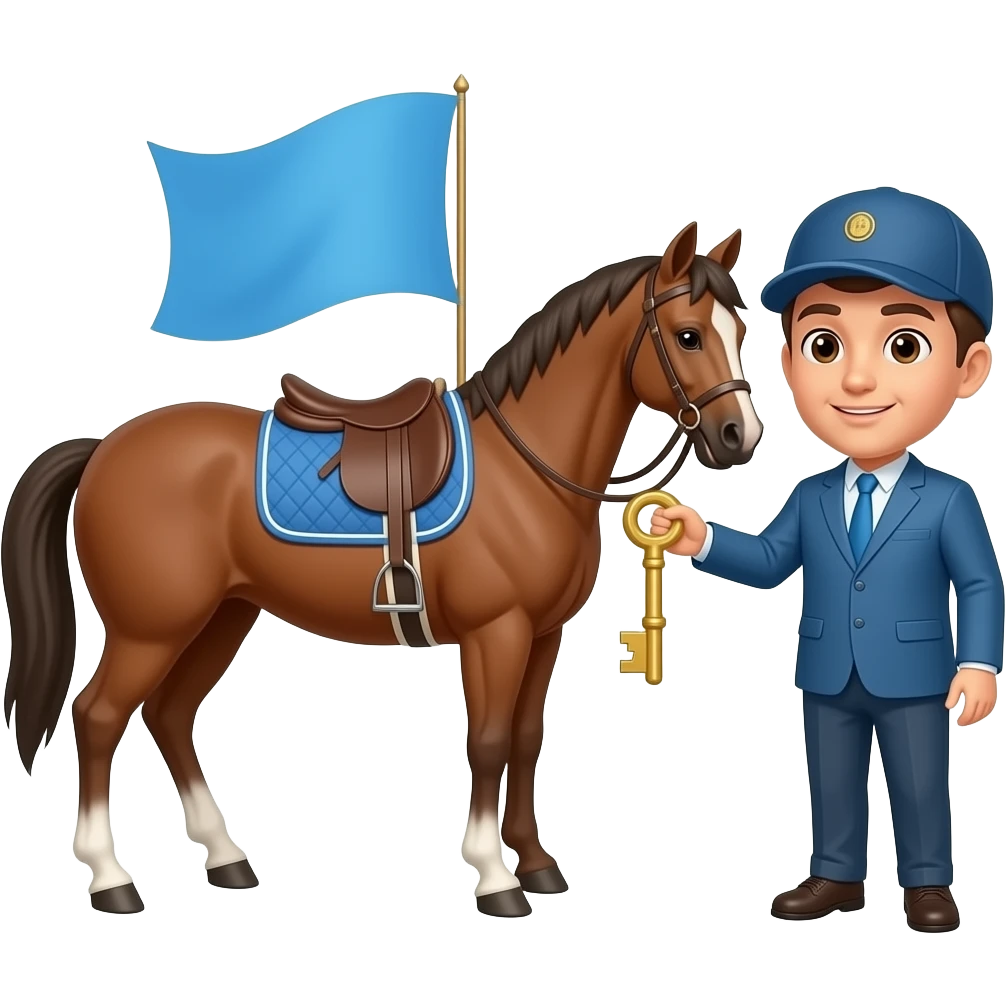 Horse with a blue flag on it and a person holding the most important thing emoji