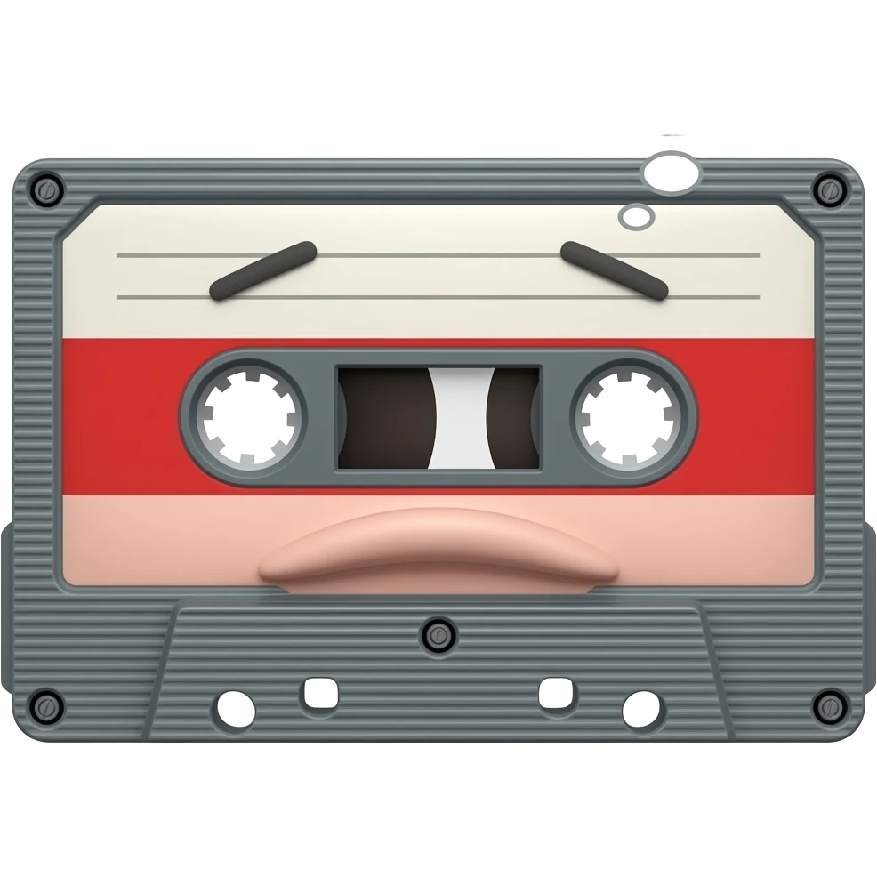 A 3d vintage audio cassette morphed into a sort of square face with a confused expression. The tape is fleshy. A word bubble reads: "Videos?" emoji