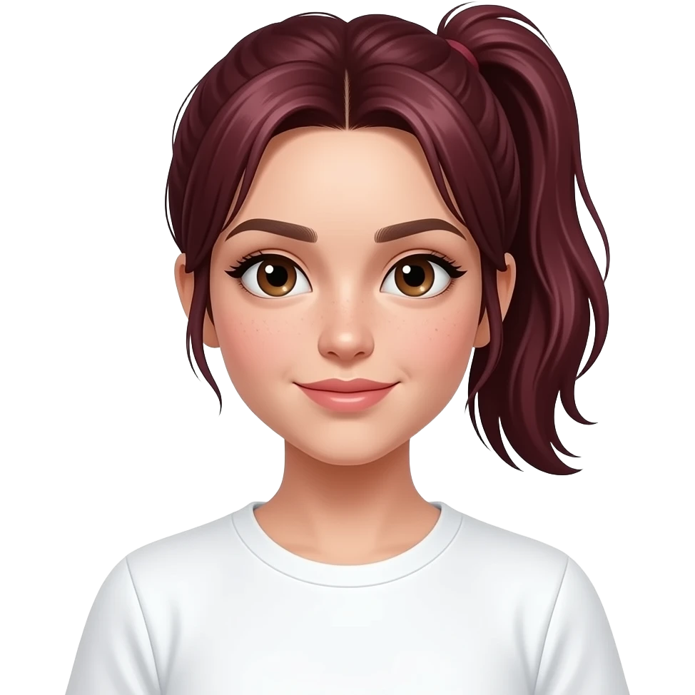 güzel perçemleri olan düz saçlı saçı topuz olsun ama dağınık bir topuzkoyu kızıl renkte ama koyu bi kızıl çilli kahverengi gözlü güzel kirpikli bembeyaz tenli bir kız beyaz tshirt giysin giysin emoji