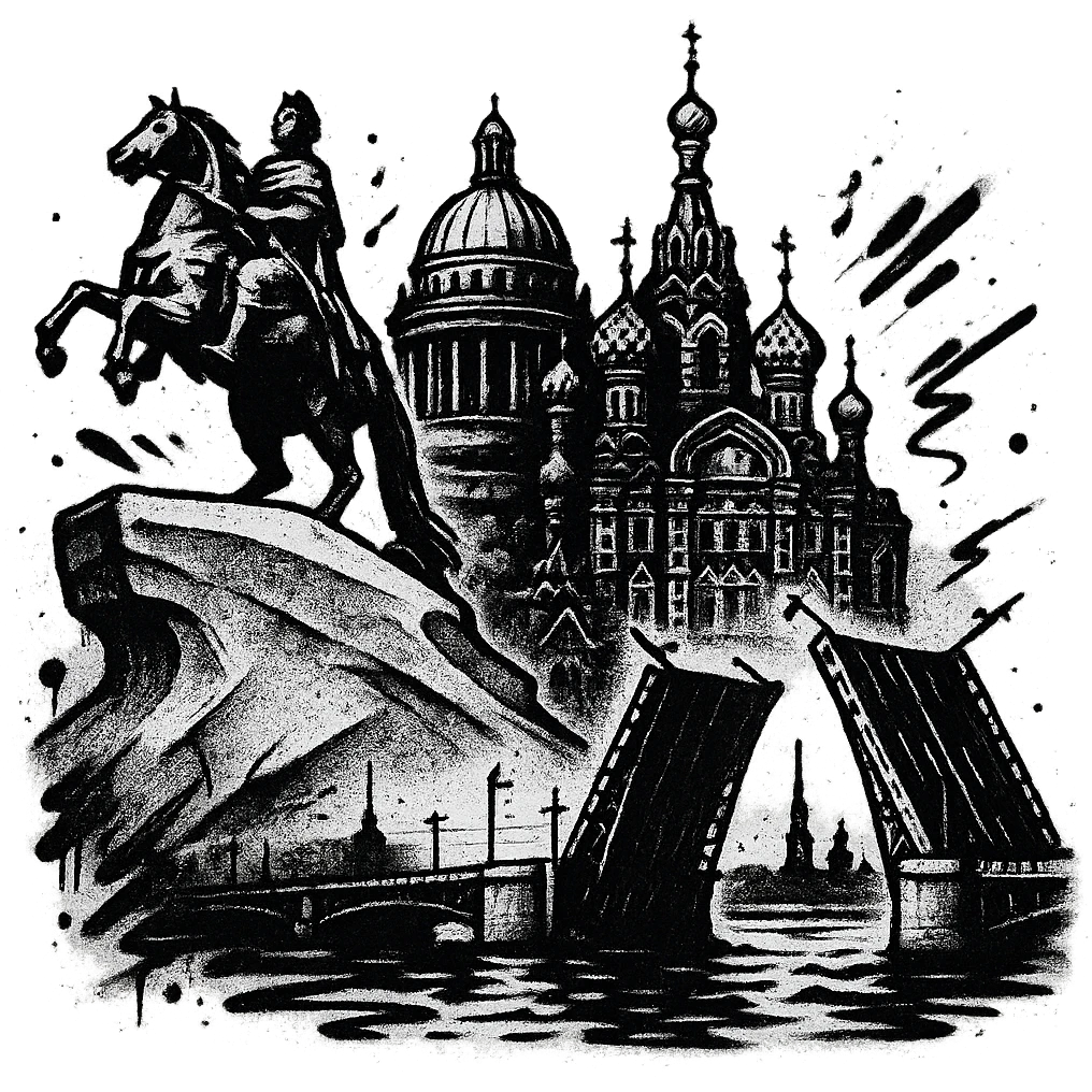 Сделай png рисунок Санкт-Петербурга в стиле граффити. Граффити черно-белое. Надписи не делай.  emoji