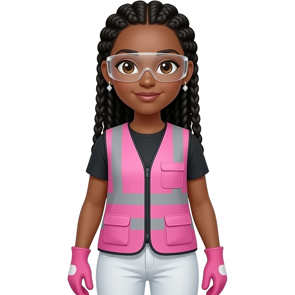 d1b7a0 color skin tone woman with brown eyes with long black box braids wearing diamond earrings wearing pink and clear safety glasses wearing a pink construction vest wearing white pans wearing pink construction vest wearing white pants wearing pink construction gloves emoji