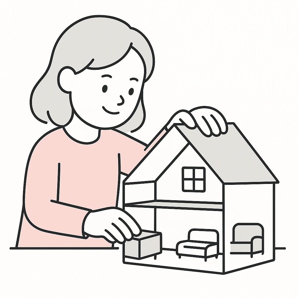 smiling girl arranging furniture in doll house emoji