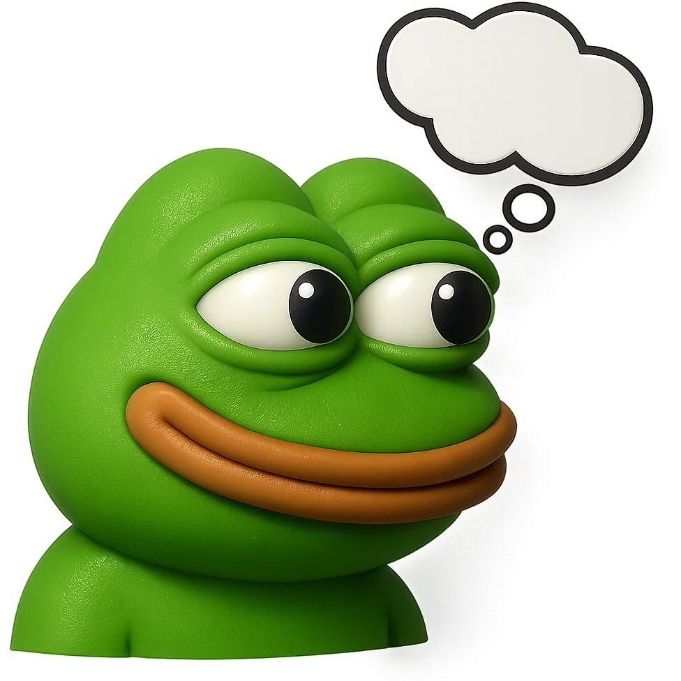 make a pepe in bright green smiling with thought bubble looking at right side in 3d style, good highlights and shadows, drop shadows emoji