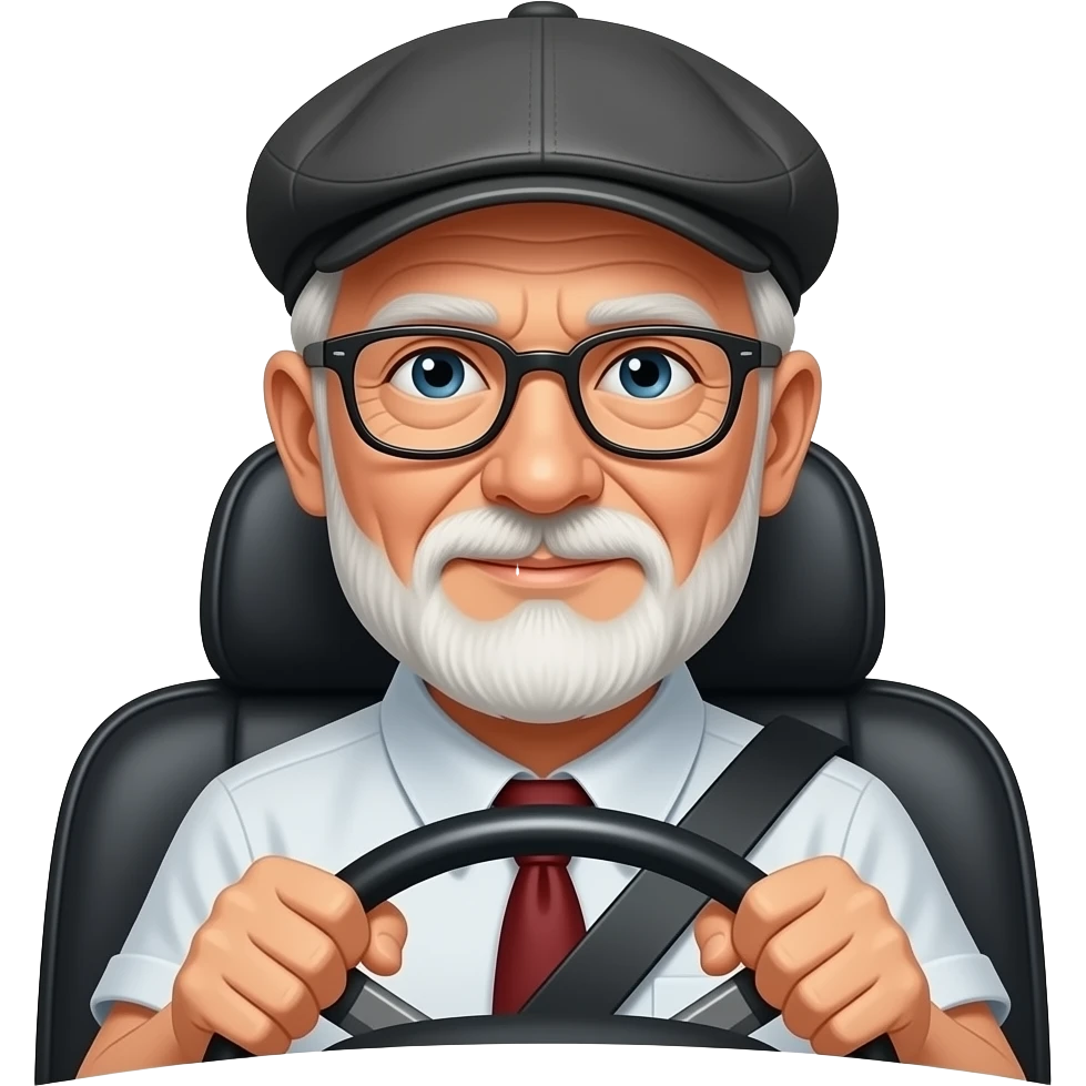 OLD MAN WITH  NO FACIAL HAIR GLASSES AND FLAT CAP DRIVING BLACK 1955 CHEVY WITH emoji