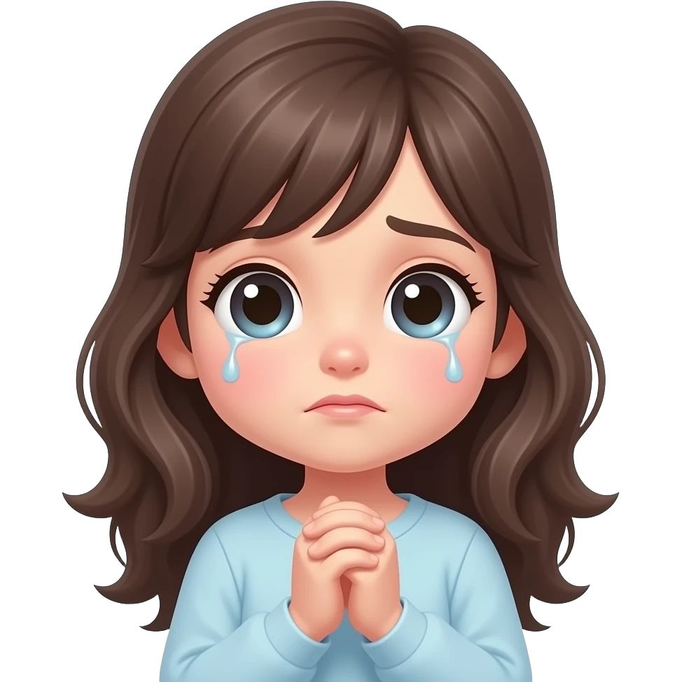 A cute, beautiful girl with big sparkling eyes, slightly teary, hands clasped, pleading expression, soft lighting, pastel tones, anime style emoji