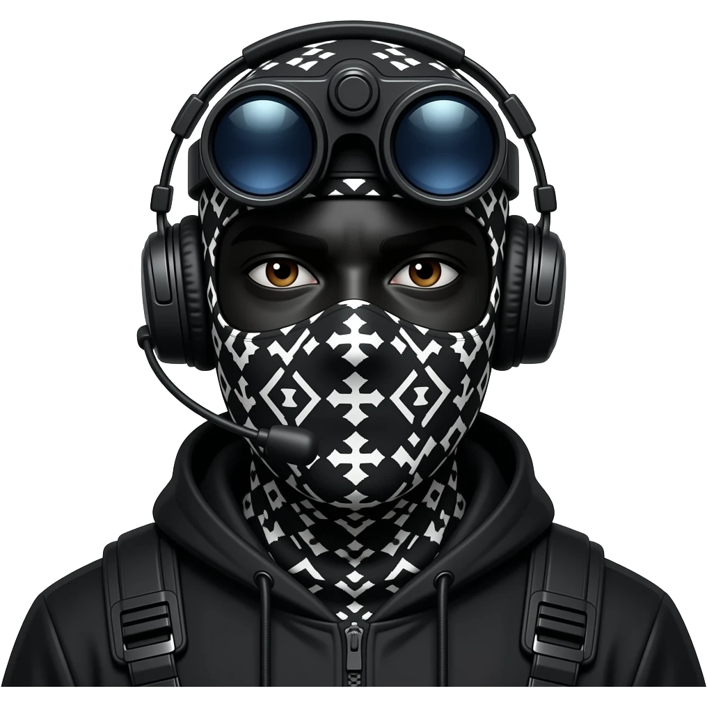 man with brown eyes wearing black clothes, face total painted black and a black and white patterned balaclava and wears a headset and a big black night vision device on his headtop emoji