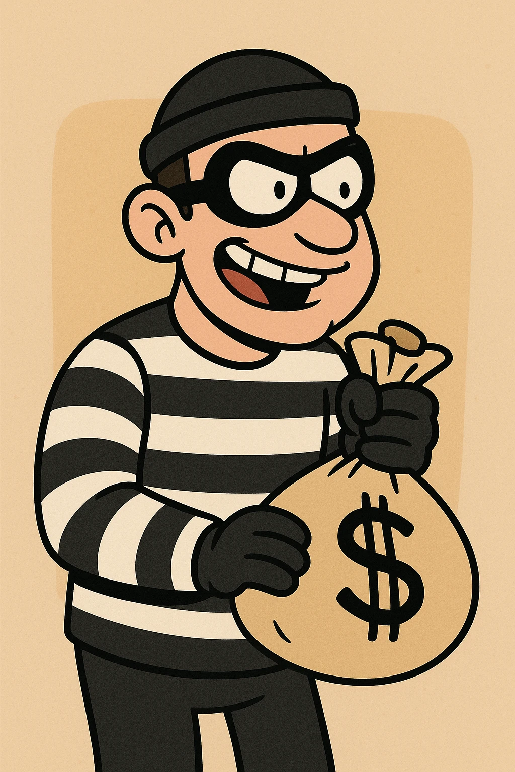 cartoon style robber wearing a black and white striped shirt, holding a money bag emoji