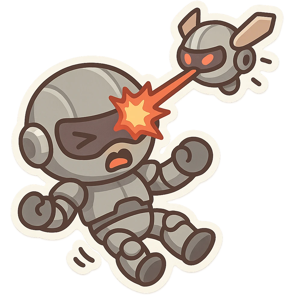 robot being hit with a red beam by a flying robot emoji