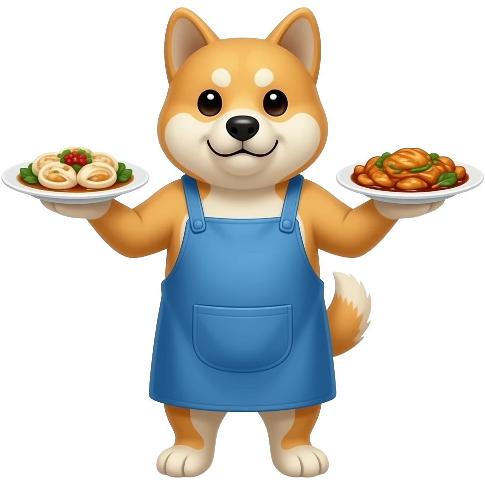 Hachiko dog in chibi cute animation standing on 2 legs serving 2 plates of chinese food , with blue apron on emoji
